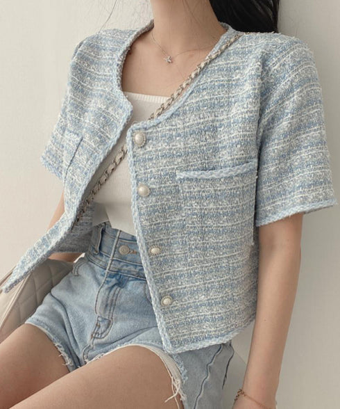 ツイード風ジャケットノーカラージャケット レディース パールボタン オフィス夏服 ショート丈アウター フォーマル カーディガン きれいめ羽織り サマージャケット夏 86SSJL-022